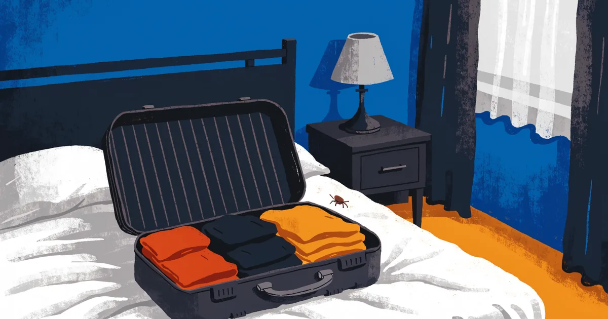 Bettwanzen im Reisegepäck: geöffneter Koffer auf dem Hotelbett als Einschleppungsweg