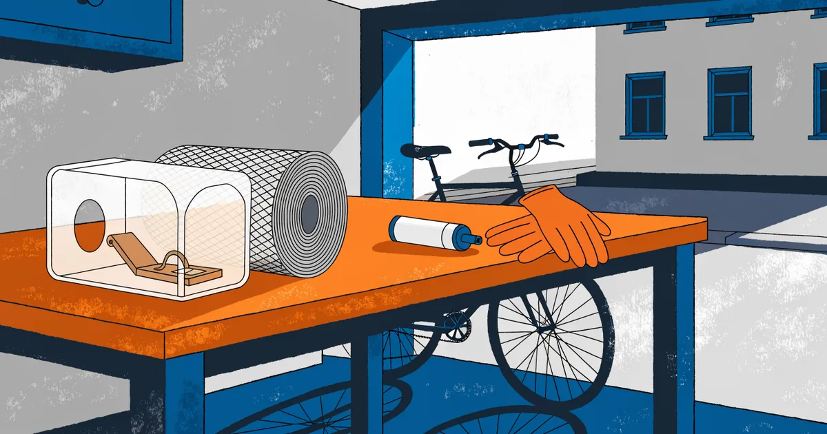 Werkbank in der Garage mit Schlagfalle in Tunnelbox, Drahtgitter, Dichtmasse und Handschuhen