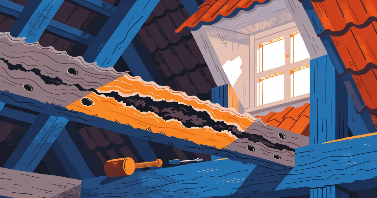 Hausbock im Dachstuhl: ovale Ausfluglöcher und wellige Holzoberfläche an einem Sparren