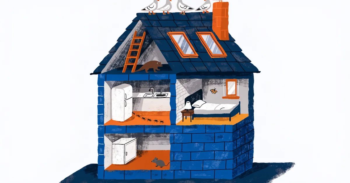 Schnitt durch ein Haus: Maus im Keller, Ameisen in der Küche, Motte im Schlafzimmer, Marder im Dach, Tauben auf dem Dach